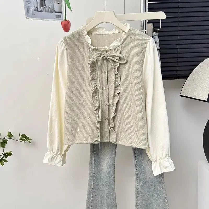 French Ruffle Bow Tie Long Sleeve Blouse Women's Autumn Luxury Chic