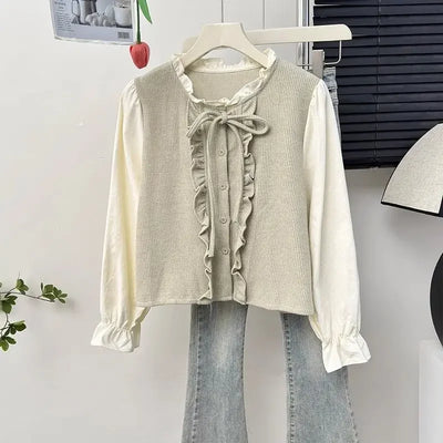 French Ruffle Bow Tie Long Sleeve Blouse Women's Autumn Luxury Chic