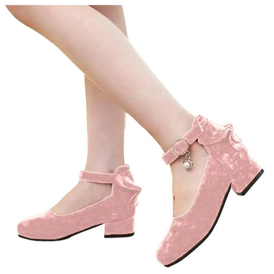 Kids Velvet Black Pink Leather High Heeled Shoes 3-15T | Princess Sandals for Girls | For Party, Wedding, Dance | Children's Fashion