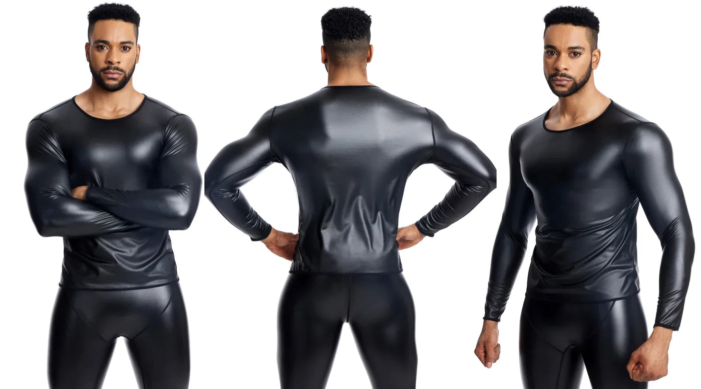 Men Long Sleeve Leather Shirt Tops Slim Underwear Body Shapers Waist Trainer Corsets Tummy Shapewear Leather Shirts Stand Collar