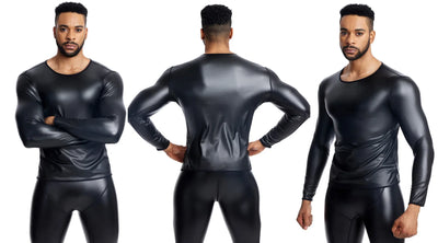 Men Long Sleeve Leather Shirt Tops Slim Underwear Body Shapers Waist Trainer Corsets Tummy Shapewear Leather Shirts Stand Collar