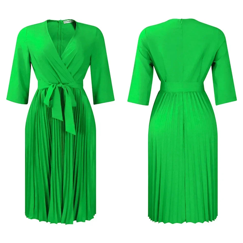 Elegant Office Dresses for Women Professional V Neck Full Sleeve Sashes Pleated Mid Calf Formal Business Work Wear Dress Midi OL