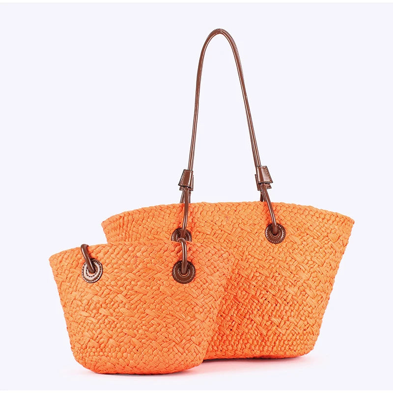 Designer Bohemian Chic Shoulder Bag,Solid Color Large Capacity Straw Woven Tote Bag,Nature-Inspired Beach Vacation Women Handbag