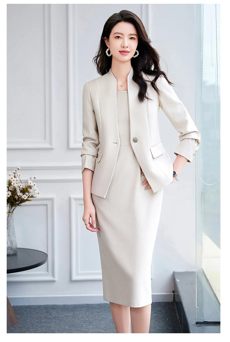 NAVIU 2025 Women Office Dress Set Monochromatic Slim Fit Suit Stand Collar Single Button Fashion New 2 Pcs Brazer and Dresses