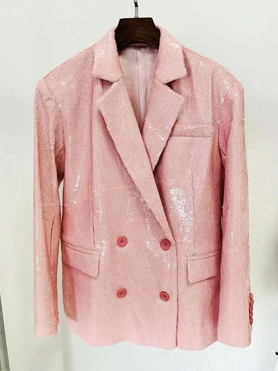 DEAT Fashion Women's Blazer Notched Collar Double Breasted Sequins Full Sleeves Pink Suit Jackets Autumn 2025 New Tide 7AB643