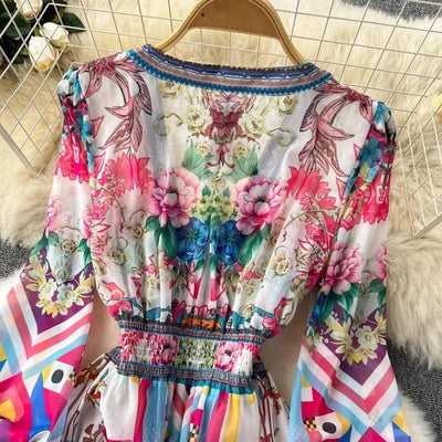 Summer Gorgeous Flower Dress Women Chiffon Clothing Sexy Deep V Neck Single Breasted Floral Print Beach Boho Long Robe Vestidos