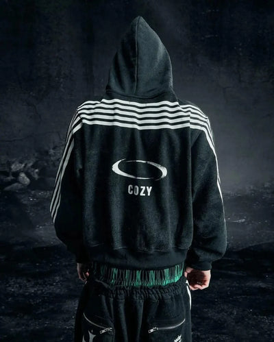 Sexy European and American printed striped hooded sweatshirt with zipper, pink men's and women's sports loose sweatshirt jacket