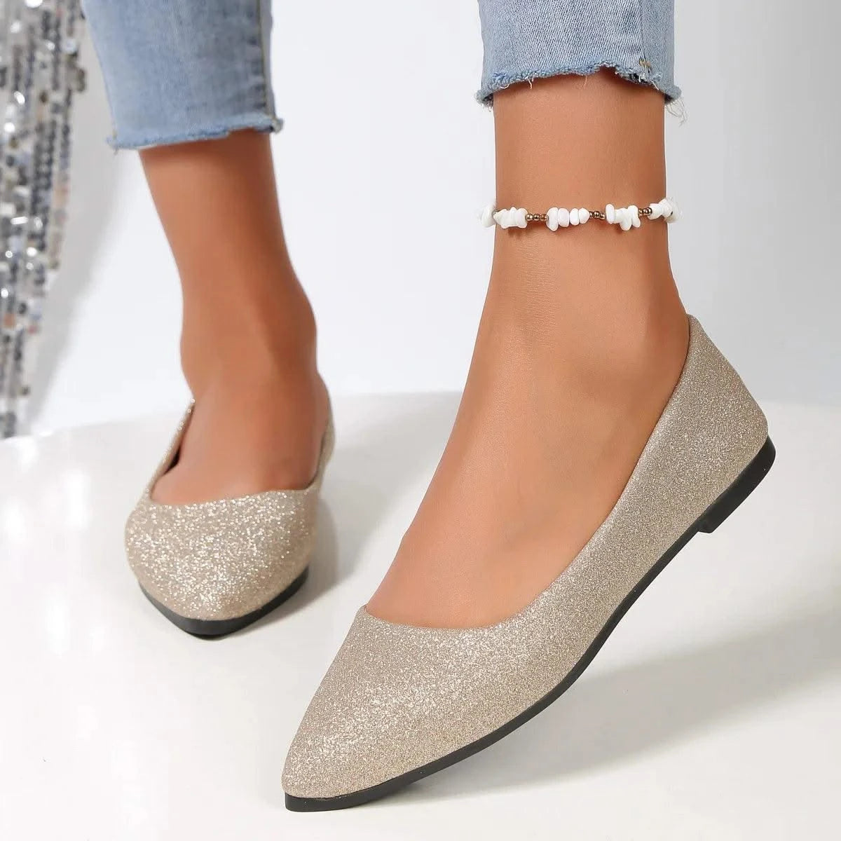 Glittery Slip on Loafers | Breathable Pointed Toe Boat Shoes | Shallow Flats Women Plus Size 43