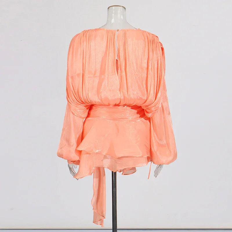 TWOTWINSTYLE Solid Spliced Lace Up Loose Dresses For Women O Neck Long Sleeve High Waist Temperament Dress Female Fashion New