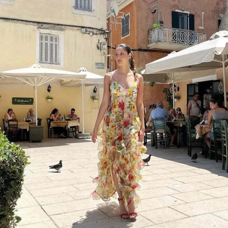 Summer Women Floral Print Party Dress Elegant New Fashion Strap V Neck High Waist Halter Corset Ruffle Evening Long Dress Robe