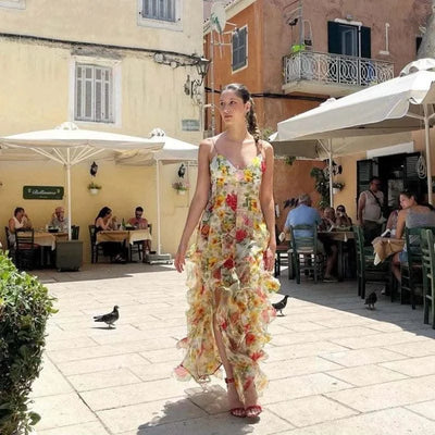 Summer Women Floral Print Party Dress Elegant New Fashion Strap V Neck High Waist Halter Corset Ruffle Evening Long Dress Robe