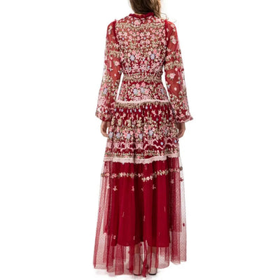 QMQA Fashion Women's Embroidery Dresses Round Neck High Waist Bow Mesh Spliced Long Sleeve Elegant Dress Female 2024 1A102