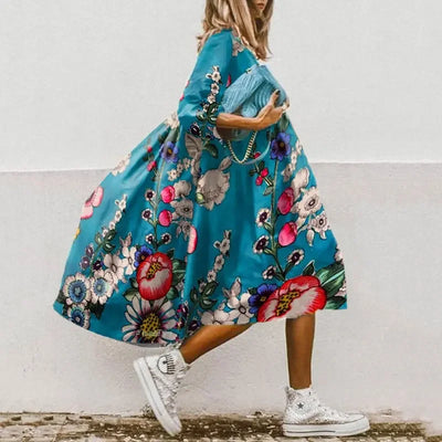 Women's Summer New Mid Sleeve Round Neck Fashionable Printed Bohemian Seven Sleeve Casual Loose Dress For Women