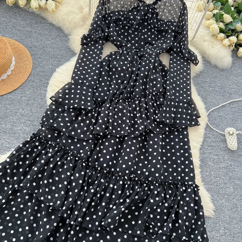 Dot Dress Women Long Dresses Print Chiffon Lace Up Flare Sleeve A Line Vestidos Streetwear Elegant Splice Y2k High Waist Party
