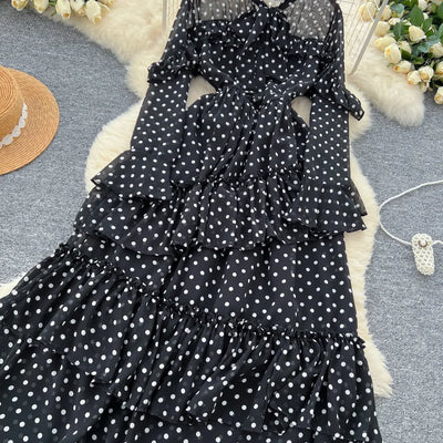 Dot Dress Women Long Dresses Print Chiffon Lace Up Flare Sleeve A Line Vestidos Streetwear Elegant Splice Y2k High Waist Party