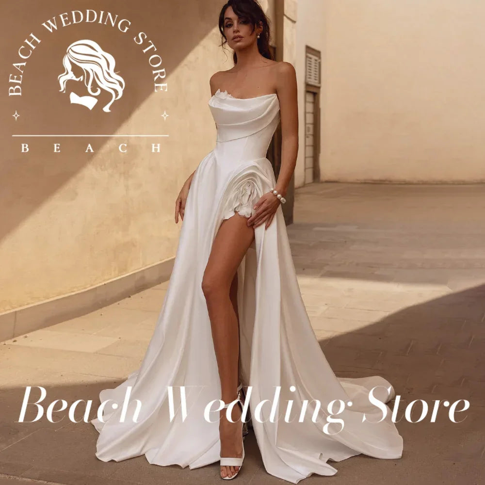 Beach Wedding Store Customized Strapless Satin Wedding Dress with Elegant Asymmetric Ruched Bodice Delicate Flower Applique