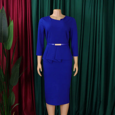 Dress Office Wear for Women Professional Skew Collar Three Quarter Sleeve Belt Waisted Sheath Package Hips Mid Calf Formal Dress