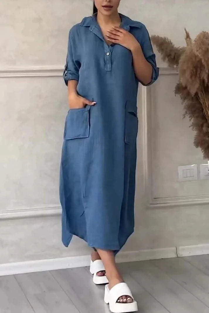 Summer Dress For Women, Retro Casual Loose Large Lapel Mid-sleeve Dress, New Mid-length Dress For Women, Autumn Wear