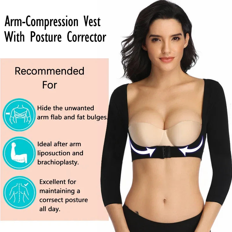 Upper Arm Shaper Post Surgical Slimmer Compression Sleeves Posture Corrector Tops Shapewear for Women 3/4 Sleeve Crop Top Nude