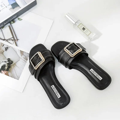 Summer Women Slippers Leather Square Toe Women Flats Flip Flops Designer Ladies Slides Sandals Women Shoes Luxury Sandals