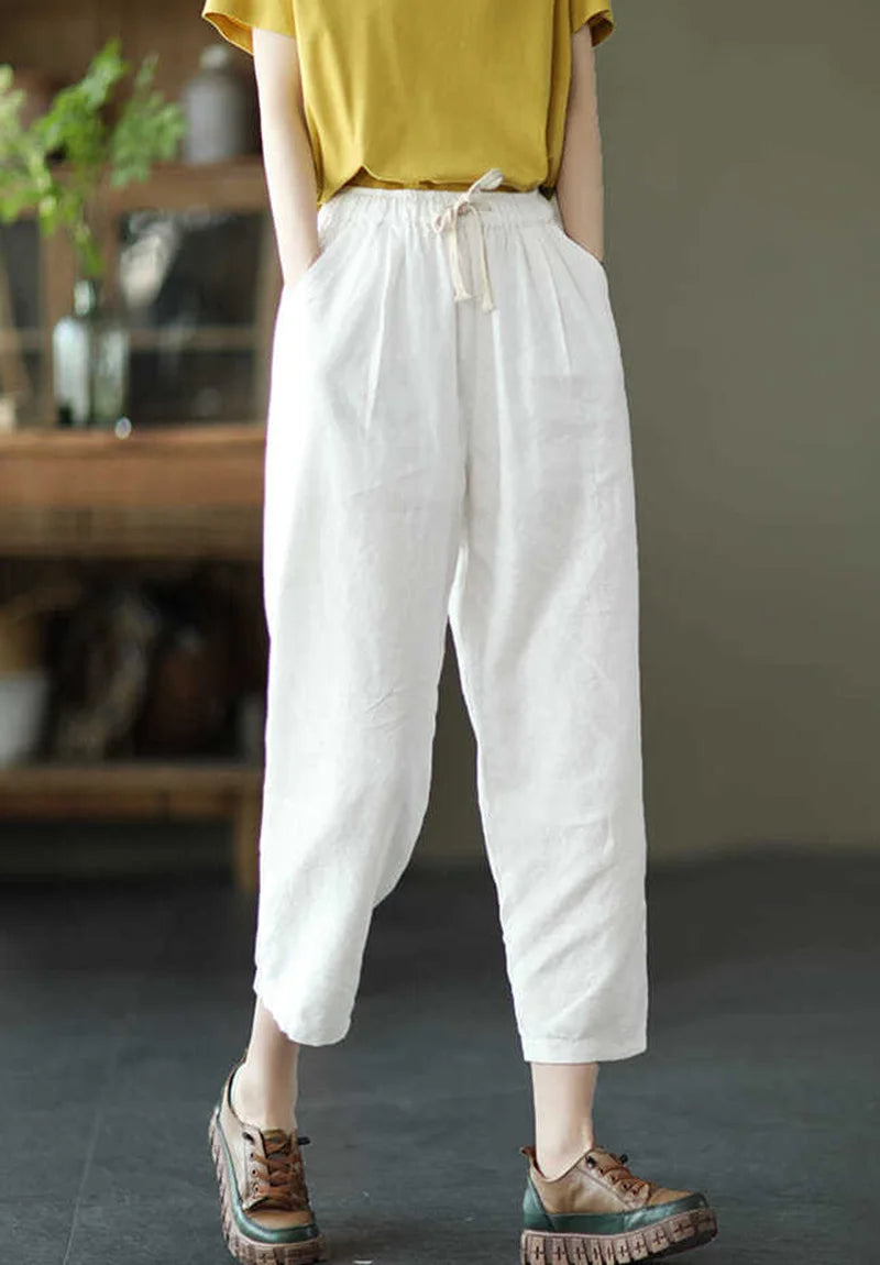 2024 Spring Summer Cotton Linen Pants Women Solid Color Casual Ankle-length Pant Woman Lace-up Waist Loose Trousers