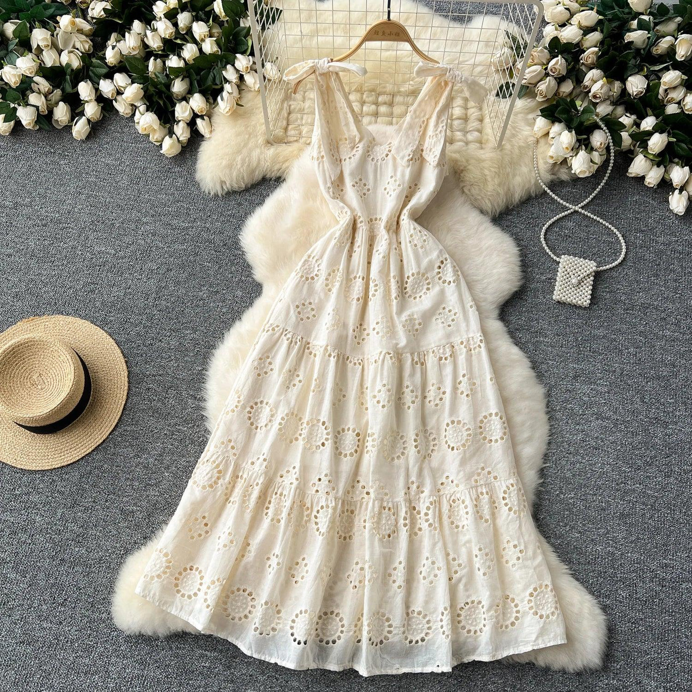 French Vintage Hollow Out Embroidery Butterfly Bow Bandage Slip Dress A-line Chic Casual Beach Vacation Women Summer Dresses