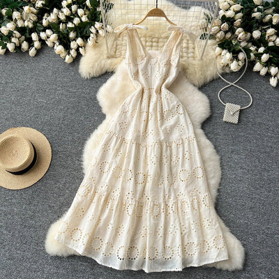 French Vintage Hollow Out Embroidery Butterfly Bow Bandage Slip Dress A-line Chic Casual Beach Vacation Women Summer Dresses