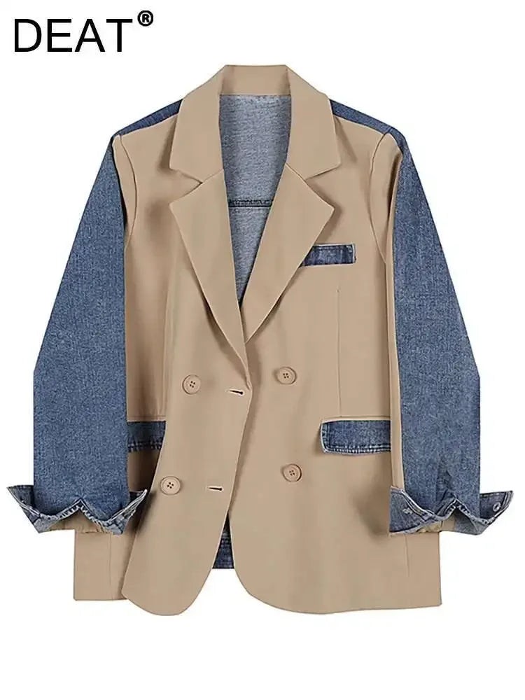 DEAT Women's Blazer Notched Collar Patchwork Denim Long Sleeve Khaki Long Sleeve Suit Coat  2024 Summer New Fashion  29L1530