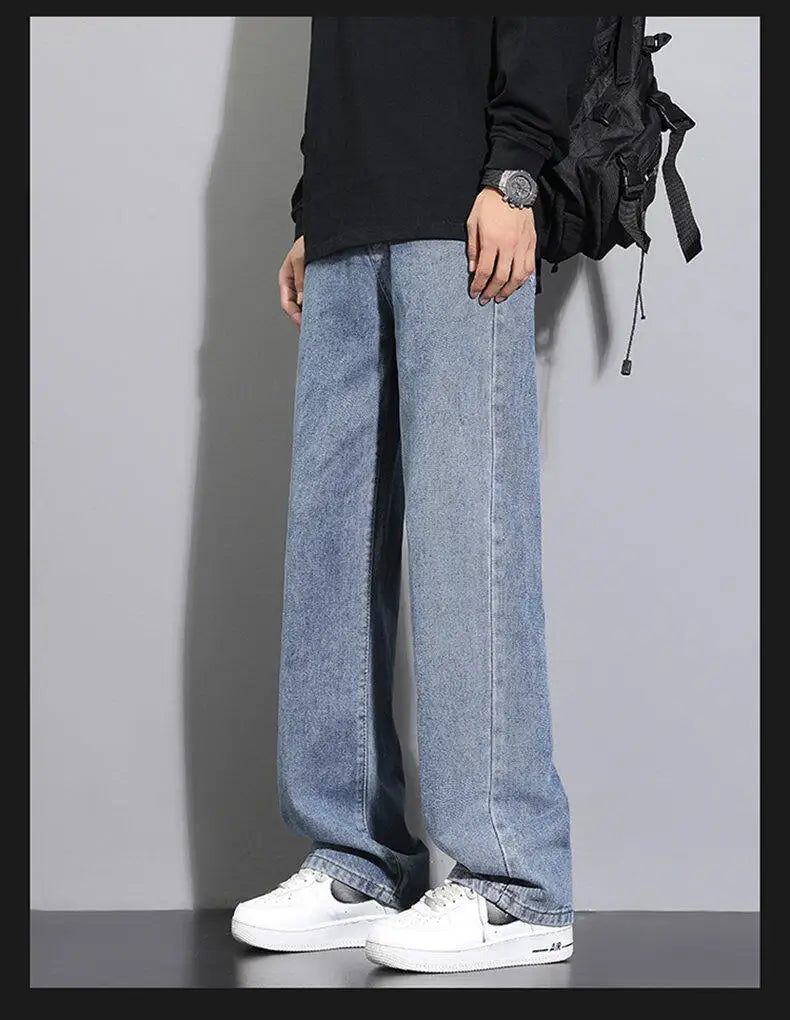 2025 New Korean Men's Casual Long Jeans Classic Man Straight Denim Wide-leg Pants Solid Color Light Blue Grey Black