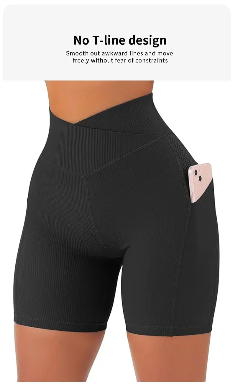 Sports Short Women Cross Workout Yoga Shorts with Pockets 5" High Waist Booty Biker Short