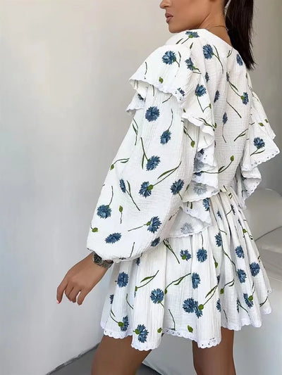 Women Cotton Linen Print Loose Suit Women Lantern Sleeve Ruffles V-neck Patchwork Single-Breasted Top High Waist Mini Skirt Suit