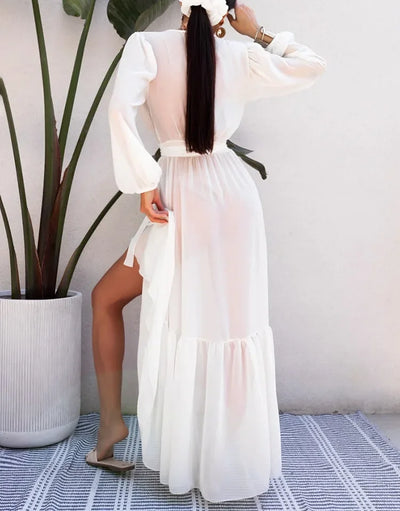2024 New Lace Up Bikini Cover Ups for Women Maxi Dresses Solid Long Sleeve Beach Dress