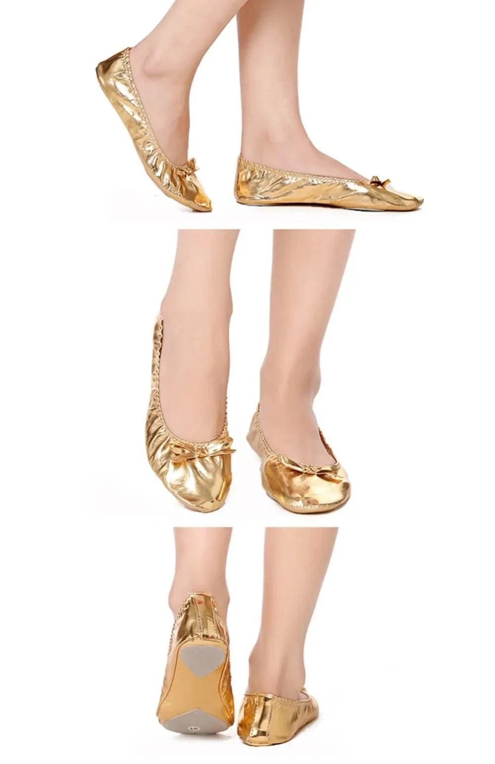 Professional Bowknot Belly Dancing Shoes Golden Foldable Indian Dance Shoes Leather Soft Ballerina Flats Children