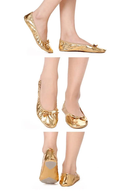 Professional Bowknot Belly Dancing Shoes Golden Foldable Indian Dance Shoes Leather Soft Ballerina Flats Children