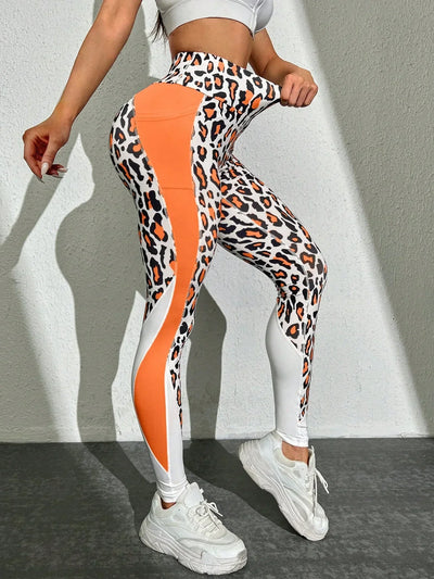 Leopard Print Spliced Yoga Leggings With Side Pockets Seam Fitness Exercise Yoga Pants Fashion Style For Women