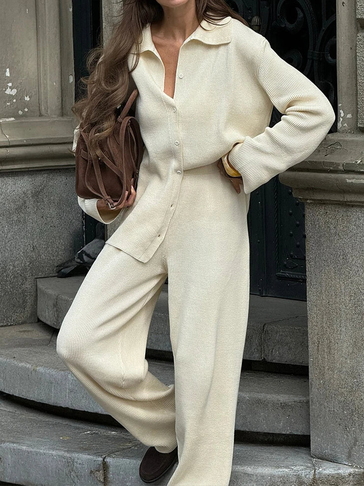 2025 Autumn Street Outfits Knitted Cardigan Pants Sets Women Single Breasted Lapel Sweater High Waist Wide Leg Trousers Suit