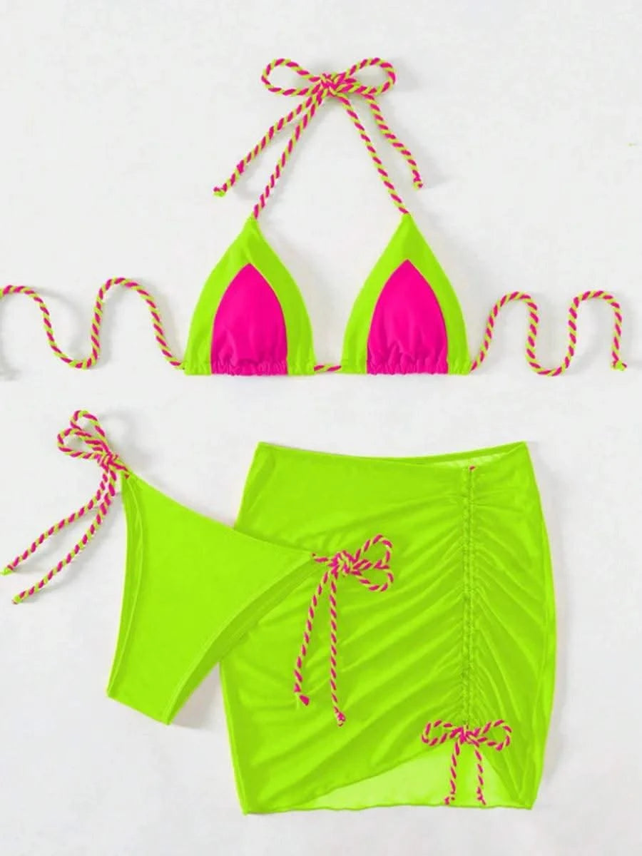 2025 Black Halter String 3 Piece Bikini Swimsuit Women