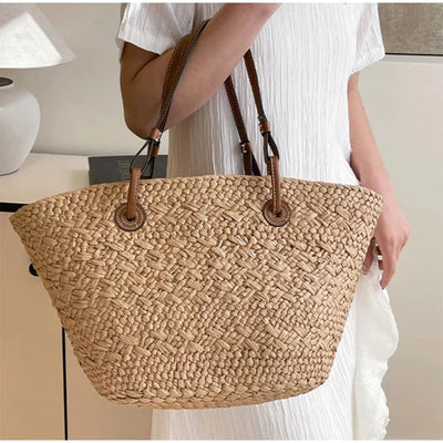 Designer Bohemian Chic Shoulder Bag,Solid Color Large Capacity Straw Woven Tote Bag,Nature-Inspired Beach Vacation Women Handbag