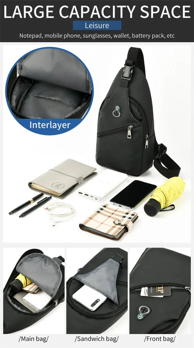 Men Fashion Laptop Waist Packs Trendy Computer Chest Bag Usb Shoulder Bag Leisure Chest Bag Large Capacity Crossbody Bag