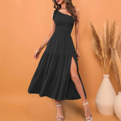 Elegant Dresses For Women Women'S Summer Casual One Shoulder Sleeveless Smocked Elastic Waist Tiered Midi Dress платье