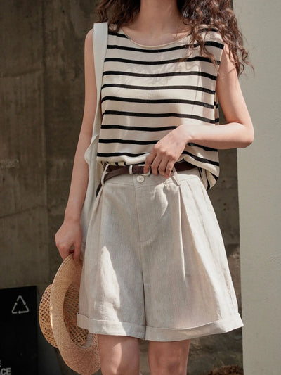 Summer Korea Style Lazy Linen Curled Bermuda Shorts Wide Leg Loose Slim Casual Hot Pants For Women