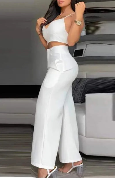 Summer Sexy 2 Piece Set Women V-Neck Strap Shirred Slim Crop Top & Lace-up Wide Leg Pants Sets Elegant Holiday Lady Suit