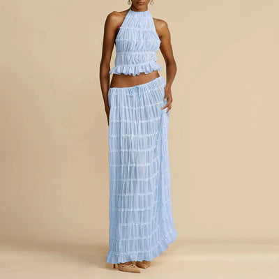 2025 Women Summer Loungewear Suits, Halter Short Top Maxi Skirts 2PCS Matching Sets, White Color Fashion Backless Ladies Outfit