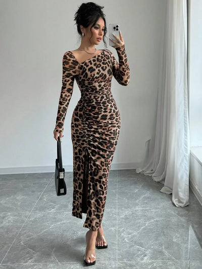 Sexy Leopard Print Women's Dresses Fashion Ruffled Sexy Slit Party Dress For Women Spring Summer  Bodycon Package hip Vestidos
