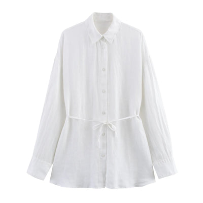 White Shirt For Women Fashion Cotton And Linen Loose Lace Up Blouse Spring Summer 2025 New Long Sleeve Simple Casual Shirts Lady