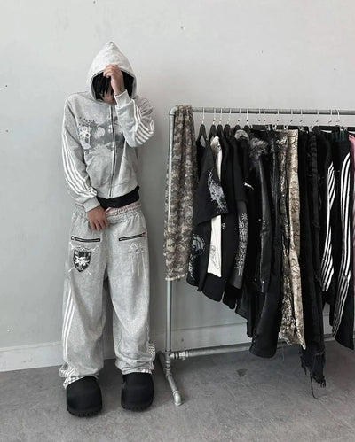 Sexy European and American printed striped hooded sweatshirt with zipper, pink men's and women's sports loose sweatshirt jacket
