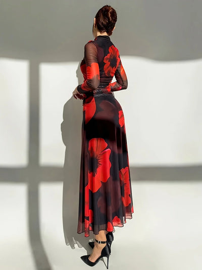 Elegant Dress  Flower Print  Women's Streetwear Fashion o-Neck Skinny Sexy Lady Dresses 2025 Summer New