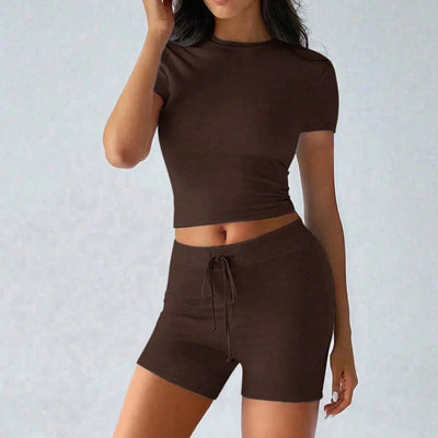 Women's Shorts Tracksuit Outfits Simple Solid Comfy Short Sleeve Tops Drawstring Waist Shorts Set Causal Sports Yoga Style Set