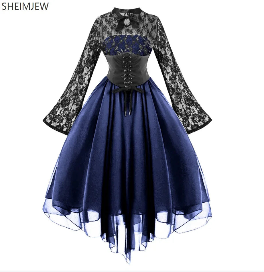 Renaissance Court Gown Victorian Medieval Costume Women Halloween Cosplay Full Sleeve Lace Dress Birthday Party Princess Suit