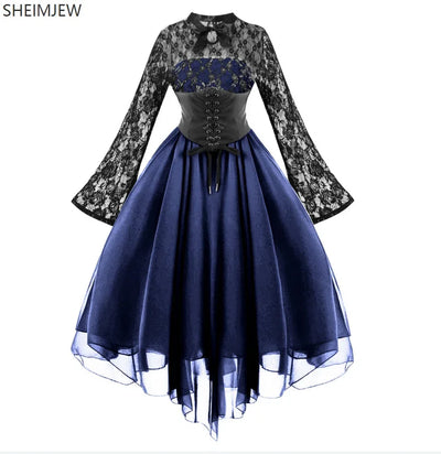 Renaissance Court Gown Victorian Medieval Costume Women Halloween Cosplay Full Sleeve Lace Dress Birthday Party Princess Suit